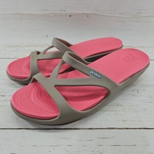 Crocs Hilga Womens 9 Tan Pink Strappy‎ Low Wedge Slip On Slides Open Toe Sandals